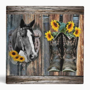 Rustic Western Horse Cowboy boots Sunflowers 3 Rin Ring Binder