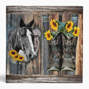 Rustic Western Horse Cowboy boots Sunflowers 3 Rin Ring Binder