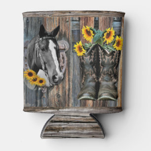 Rustic Western Horse Cowboy boots Sunflowers Can C Can Cooler