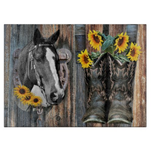 Rustic Western Horse Cowboy boots Sunflowers Cutting Board