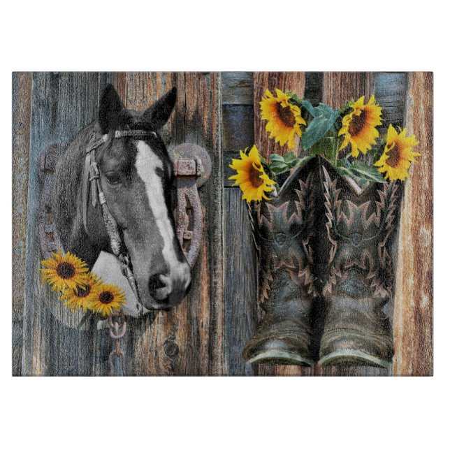 Rustic Western Horse Cowboy boots Sunflowers Cutting Board (Front)
