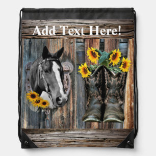 Rustic Western Horse Cowboy boots Sunflowers Draws Drawstring Bag