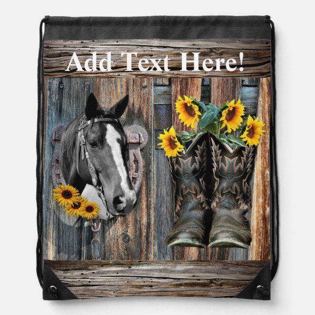 Rustic Western Horse Cowboy boots Sunflowers Draws Drawstring Bag (Front)