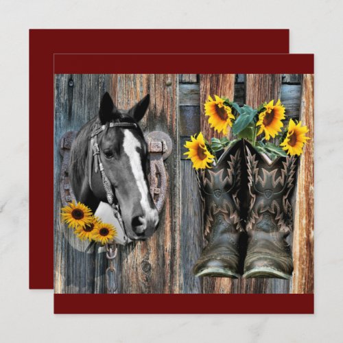 Rustic Western Horse Cowboy boots Sunflowers Invitation