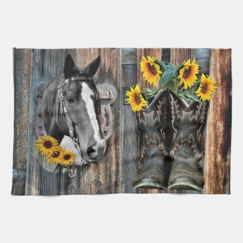 Rustic Western Horse Cowboy boots Sunflowers Kitchen Towel