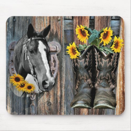 Rustic Western Horse Cowboy boots Sunflowers Mouse Pad