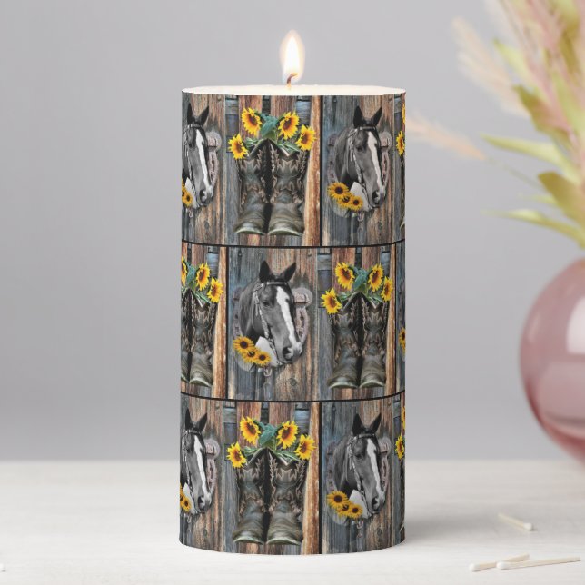 Rustic Western Horse Cowboy boots Sunflowers Pilla Pillar Candle (In Situ)