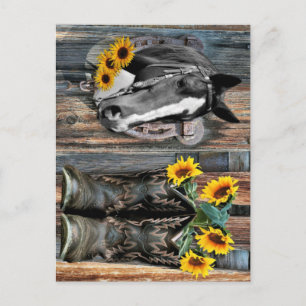 Rustic Western Horse Cowboy boots Sunflowers Postcard