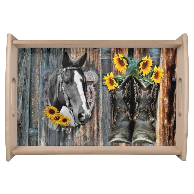 Rustic Western Horse Cowboy boots Sunflowers Serving Tray (Front)