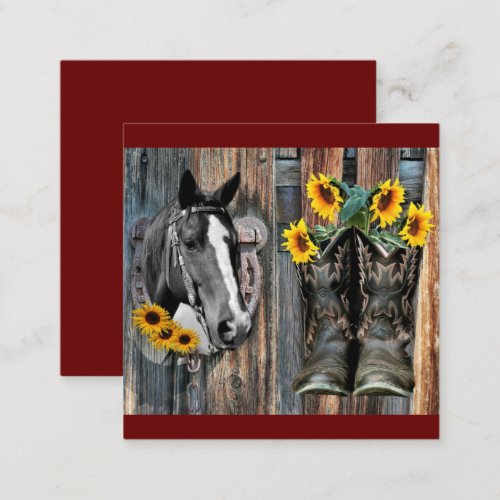 Rustic Western Horse Cowboy boots Sunflowers Square Business Card