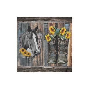 Rustic Western Horse Cowboy boots Sunflowers Stone Magnet