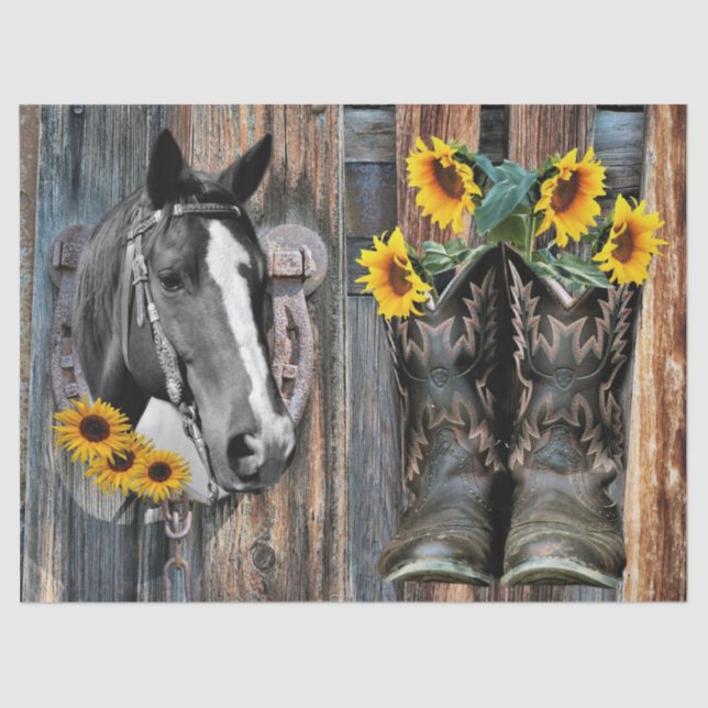 Rustic Western Horse Cowboy boots Sunflowers Tissue Paper (Front)