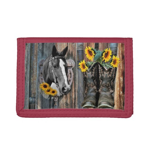 Rustic Western Horse Cowboy boots Sunflowers Trifold Wallet