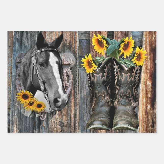 Rustic Western Horse Cowboy boots Sunflowers Wrapping Paper Sheets (Front)