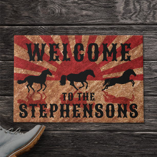 Rustic Western Horses Family Name Welcome Doormat