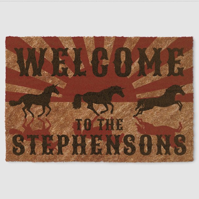 Rustic Western Horses Family Name Welcome Fiber Doormat (Front)