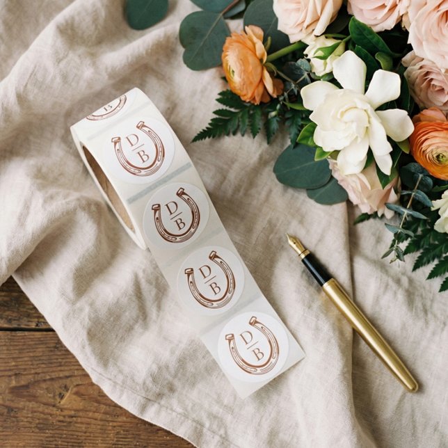 Rustic Western Horseshoe Custom Monogram Wedding Classic Round Sticker (Rustic Western Horseshoe Custom Monogram Wedding Classic Round Sticker)