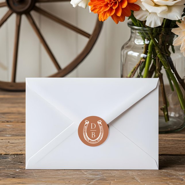 Rustic Western Horseshoe Custom Monogram Wedding Classic Round Sticker (Rustic Western Horseshoe Custom Monogram Wedding Classic Round Sticker)