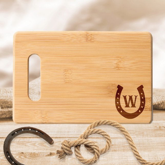 Rustic Western Horseshoe Monogram Engraved Cutting Board (Horseshoe Monogram Western Style Design - Bamboo Engraved Cutting | Charcuterie Board)