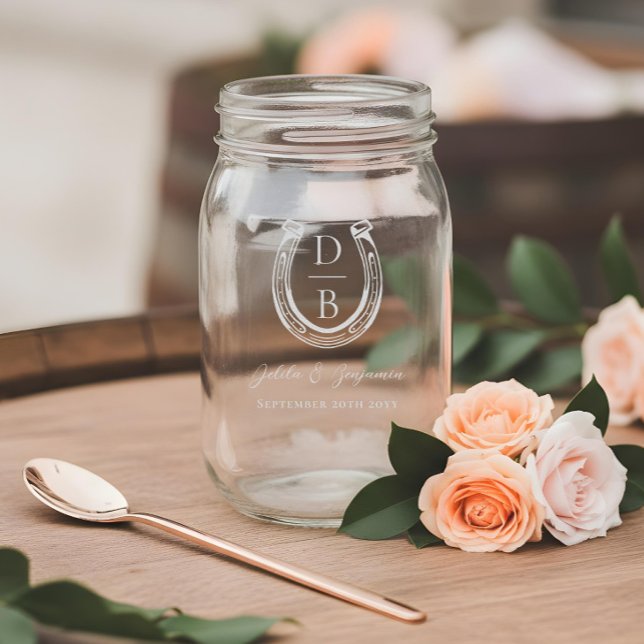 Rustic Western Horseshoe Name & Monogram Wedding Mason Jar (Rustic Western Horseshoe Name & Monogram Wedding Mason Jar)