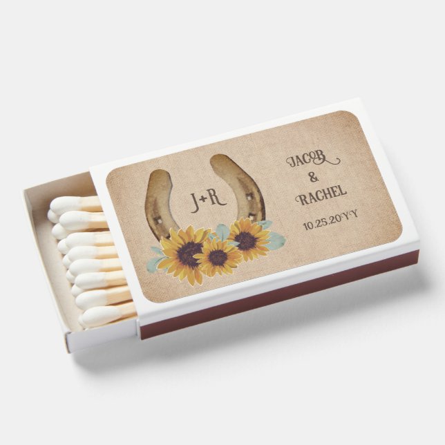 Rustic Western Horseshoe Sunflower Wedding Favor Matchboxes (Front Open)
