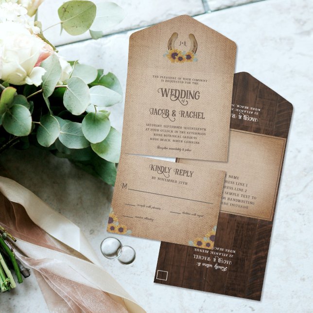 Rustic Western Horseshoe & Sunflowers Wedding All In One Invitation (Creator Uploaded)