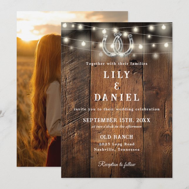 Rustic Western Horseshoes Lights Photo Wedding Invitation (Front/Back)
