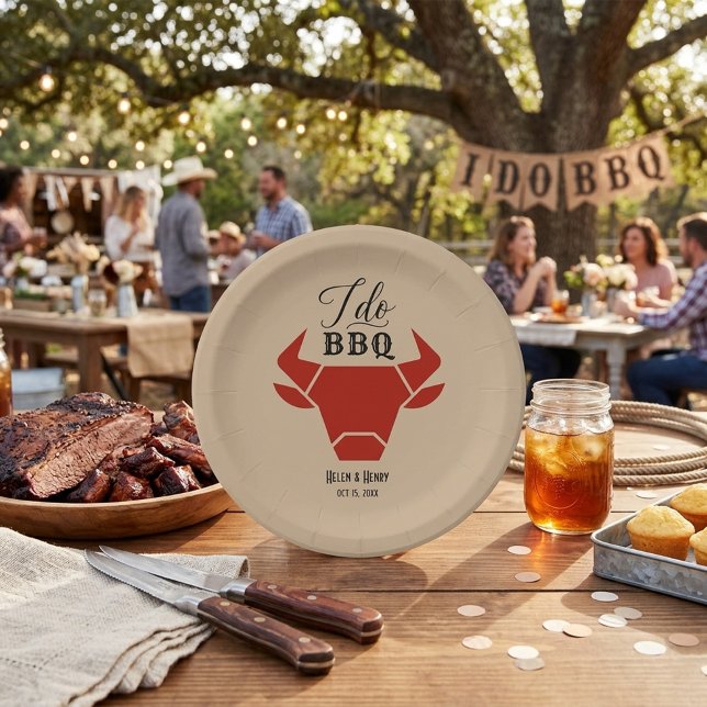 Rustic Western "I Do BBQ" Calligraphy Wedding  Paper Plates (Creator Uploaded)