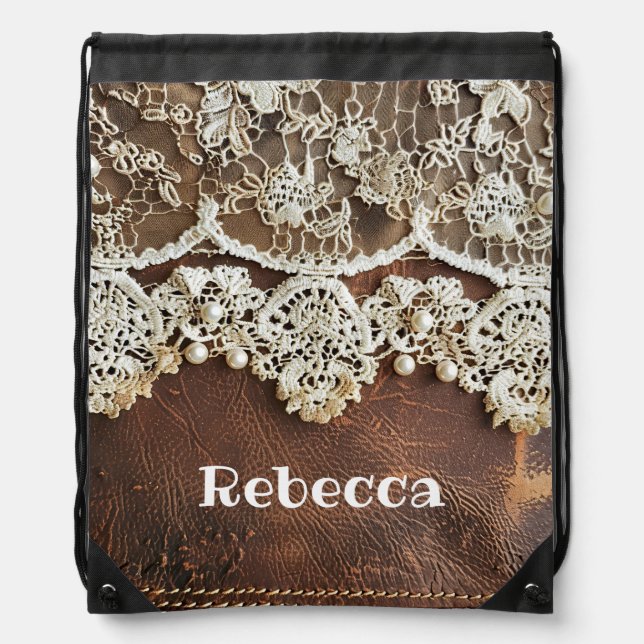 Rustic Western Leather and Lace Drawstring Bag (Front)