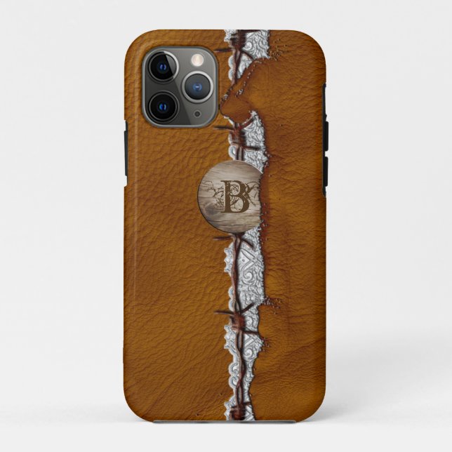 Rustic Western Leather Barbed Wire Tooled Silver Case-Mate iPhone Case (Back)