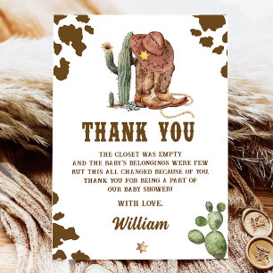 Rustic Western Little Cowboy Baby Shower Thank You Card