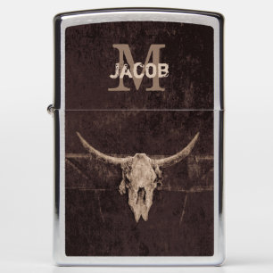 Rustic Western Monogram Brown Beige Old Bull Skull Zippo Lighter