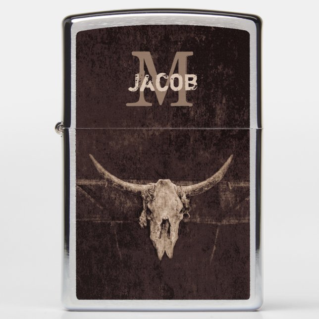 Rustic Western Monogram Brown Beige Old Bull Skull Zippo Lighter (Front)