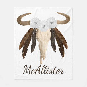 Rustic Western Prairie Floral Cow Skull Feathers Fleece Blanket