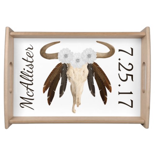 Rustic Western Prairie Floral Cow Skull  Feathers Serving Tray