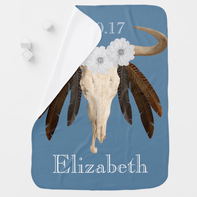 Rustic Western Prairie Floral Cow Skull Feathers Stroller Blanket (In Situ)