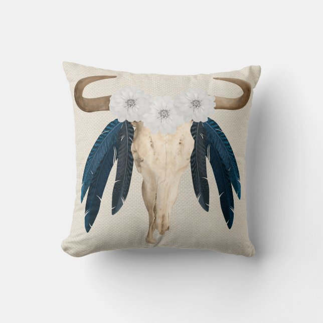 Rustic Western Prairie Floral Cow Skull Feathers Throw Pillow (Front)