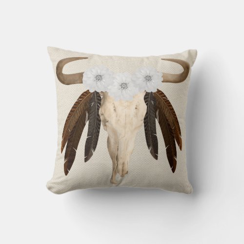 Rustic Western Prairie Floral Cow Skull Feathers Throw Pillow