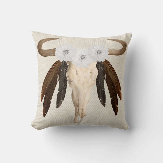 Rustic Western Prairie Floral Cow Skull Feathers Throw Pillow (Front)