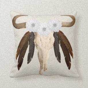 Rustic Western Prairie Floral Cow Skull Feathers Throw Pillow