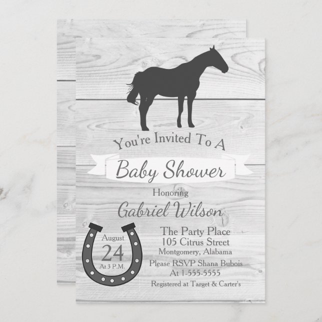 Rustic Western Ranch Gray Horse & Horseshoe Invitation (Front/Back)