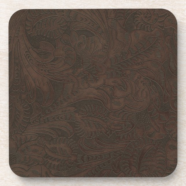 Rustic Western Ranch Tooled Leather-look III Drink Coaster (Front)