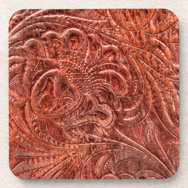Rustic Western Ranch Tooled Leather-look IV Beverage Coaster (Front)