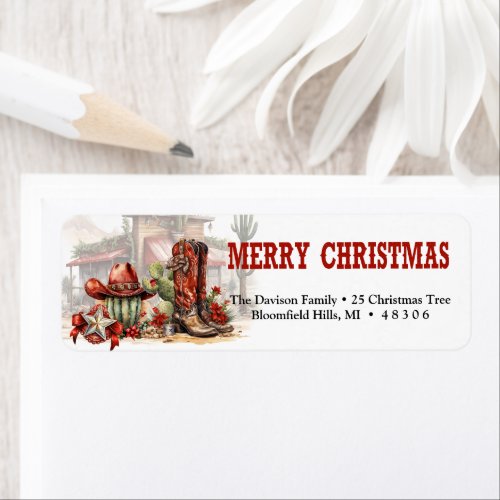 Rustic western red cowboy boots and hat Christmas Label