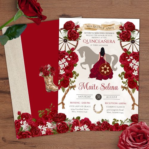 Rustic Western _ Red Rose _ Charro Quinceanera  Invitation