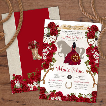 Rustic Western Red Roses Floral Charro Quinceanera Invitation by PrettyInviting at Zazzle
