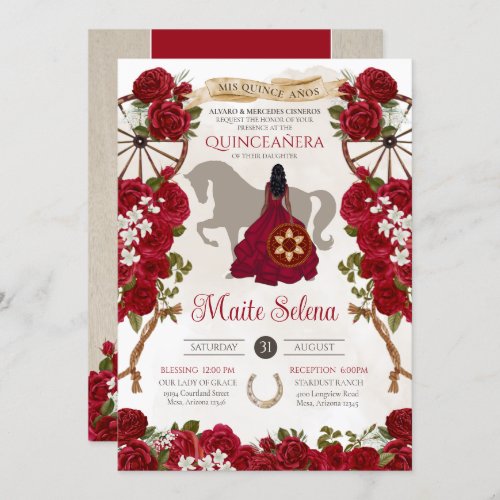 Rustic Western Red Roses Floral Charro Quinceanera Invitation