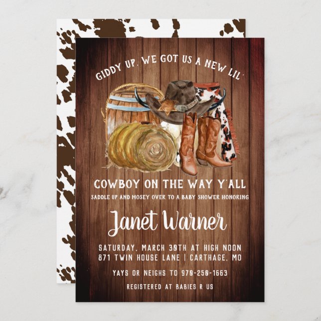 Rustic Western Rodeo Cowboy Baby Shower Invitation (Front/Back)