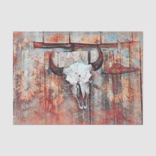 Rustic Western Rust Brown Bull Skull Sunflowers Tissue Paper