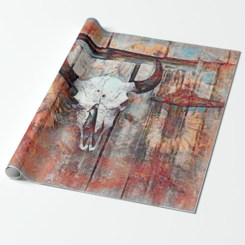 Rustic Western Rust Brown Bull Skull Sunflowers Wrapping Paper